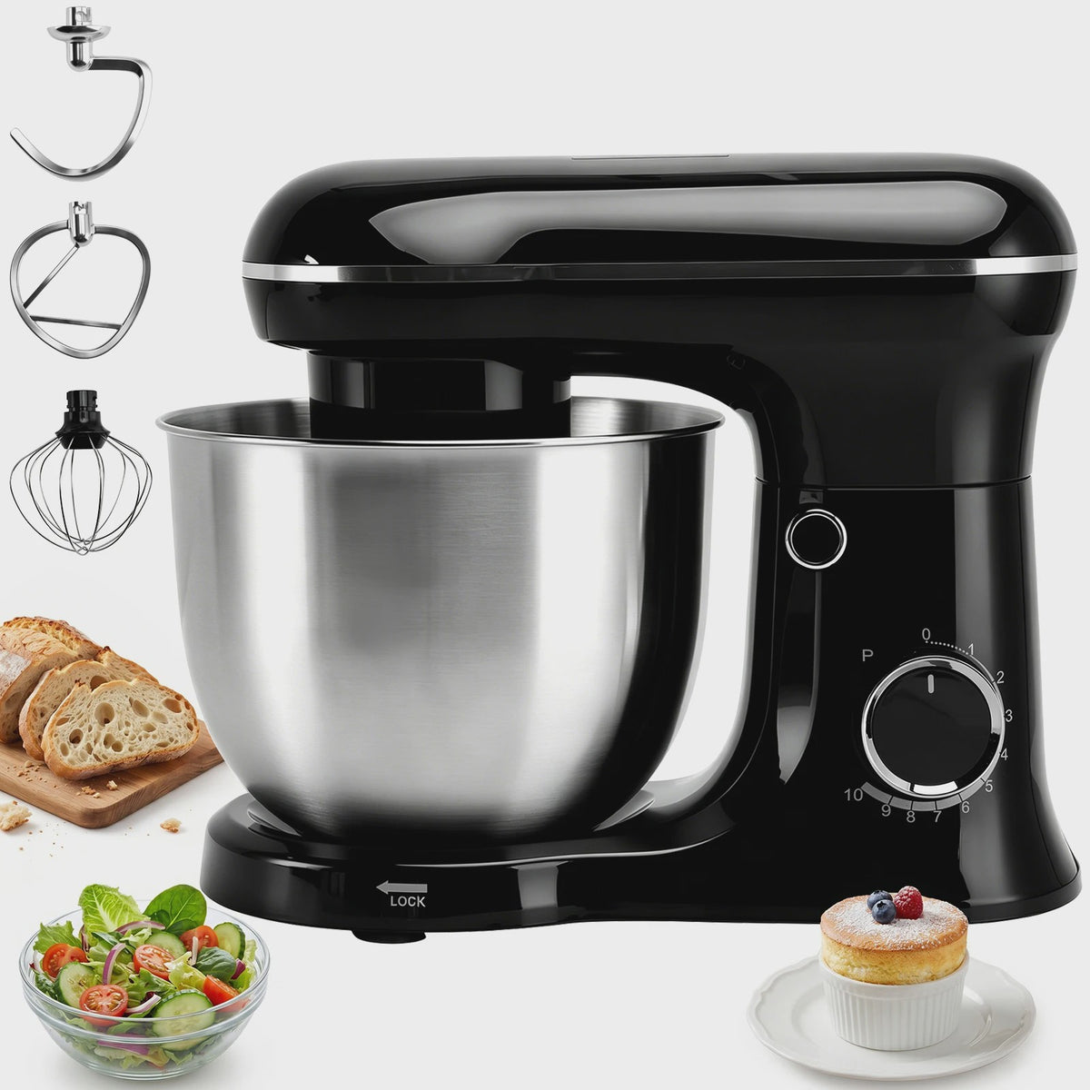 Krachtige 5.2L Keukenmachine 3-in-1: Mixen, Kneden & Kloppen voor Brood, Cake & Meer