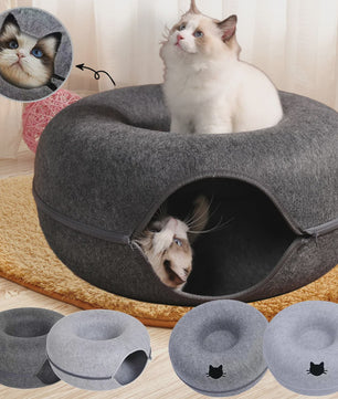 Felt Donut Kattenmand - 2-in-1 Huisje, Tunnel & Speelplek voor Katten en Kleine Honden