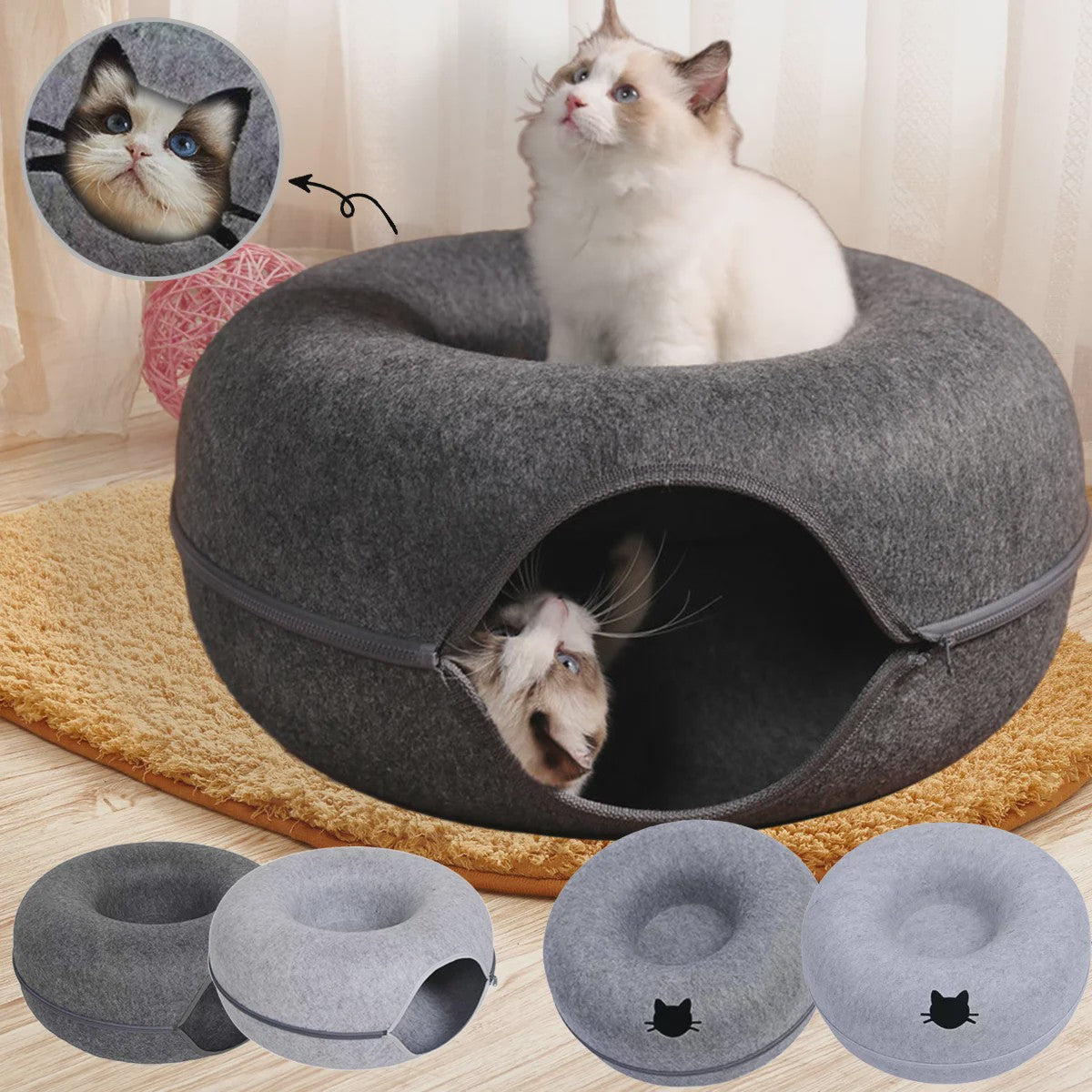 Felt Donut Kattenmand - 2-in-1 Huisje, Tunnel & Speelplek voor Katten en Kleine Honden