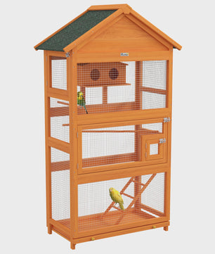 PawHut Houten Vogelkooi Papegaai Speeltuin met Asfalt Dak 92x52x171 cm Oranje