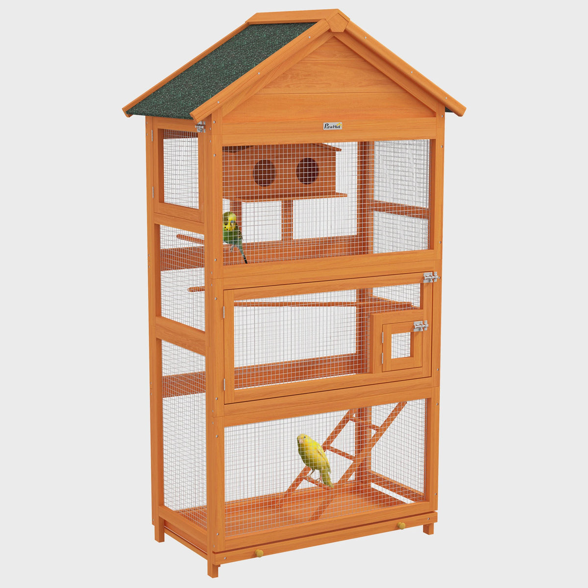 PawHut Houten Vogelkooi Papegaai Speeltuin met Asfalt Dak 92x52x171 cm Oranje