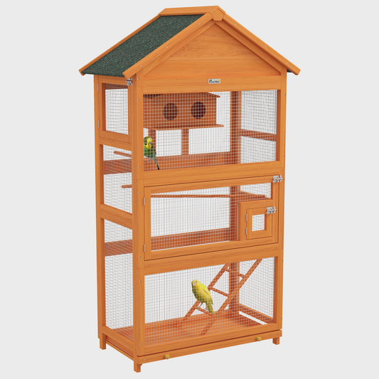PawHut Houten Vogelkooi Papegaai Speeltuin met Asfalt Dak 92x52x171 cm Oranje