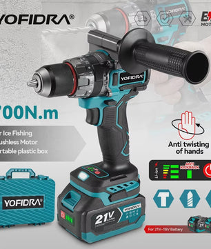 YOFIDRA Accuboormachine 18V-21V Brushless Motor, 13mm Boorhouder, 20+3 Koppelinstellingen, Boor/Schroef/Slagfunctie