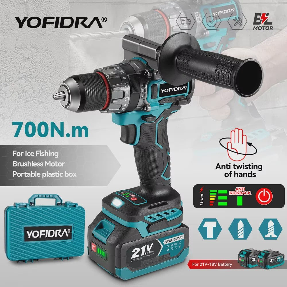 YOFIDRA Accuboormachine 18V-21V Brushless Motor, 13mm Boorhouder, 20+3 Koppelinstellingen, Boor/Schroef/Slagfunctie