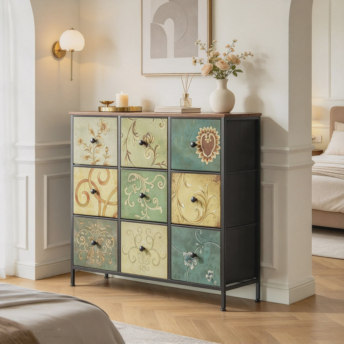 Retro Ladekast met 9 Stoffen Lades - 100x30x86.5cm - Houten Bovenblad & Metaal Frame