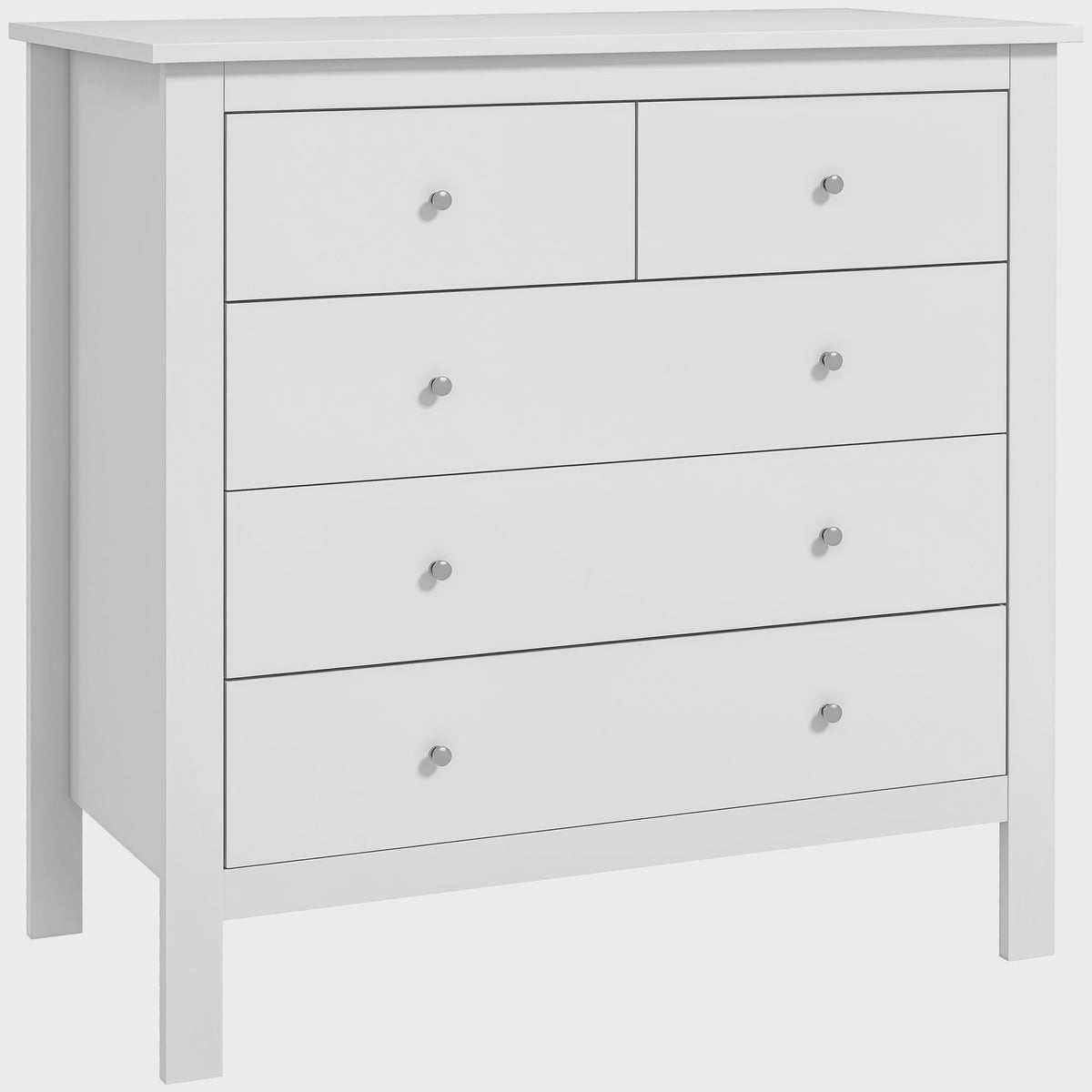 Stijlvolle Witte 5-Laden Commode met Handgrepen en Anti-Tip Beveiliging - Ideaal voor de Slaapkamer