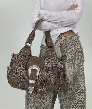 Y2K Leopard Print Patchwork Tote Bag met Ritsen en Meerdere Vakken - Retro Crossbody Handtas