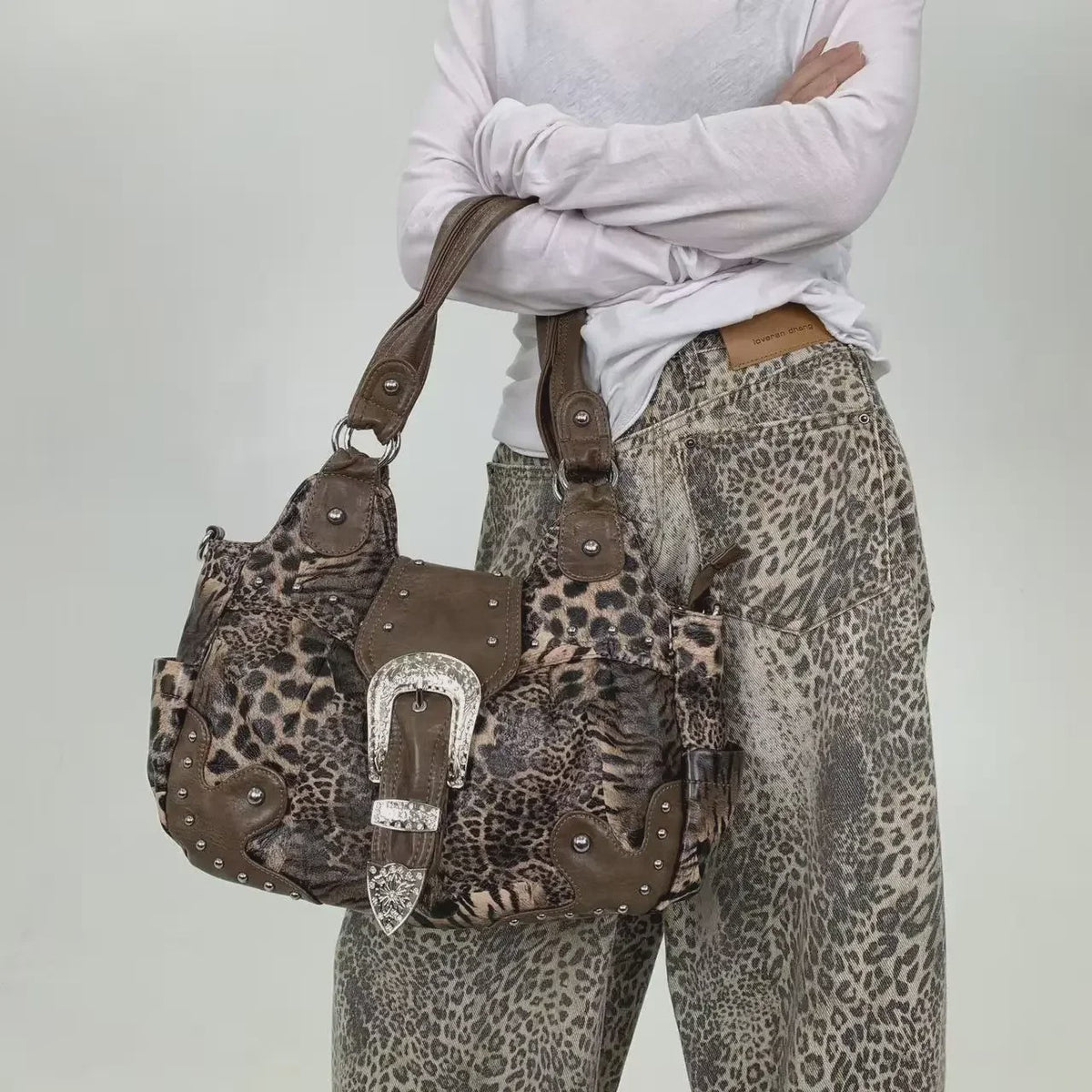 Y2K Leopard Print Patchwork Tote Bag met Ritsen en Meerdere Vakken - Retro Crossbody Handtas