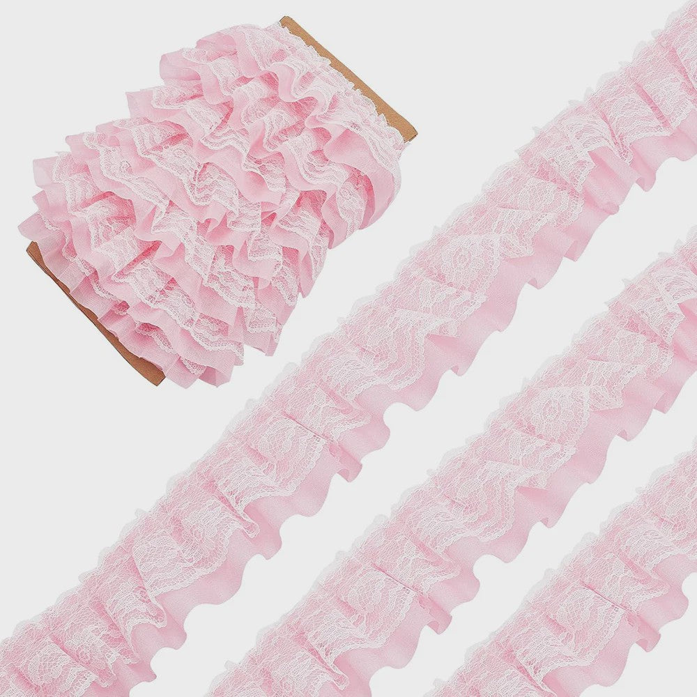 Ruffle Kantband met Borduurwerk - 5cm Breed - Zwart, Wit, Roze - DIY Decoratie