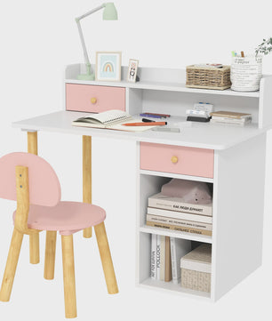 Kinderbureau met Stoel - Roze & Wit Bureau met Lades, Vakken en Planken - Ideaal voor Kinderkamer