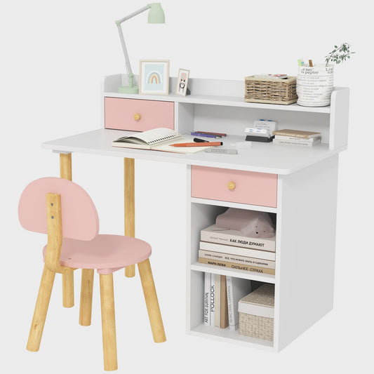 Kinderbureau met Stoel - Roze & Wit Bureau met Lades, Vakken en Planken - Ideaal voor Kinderkamer
