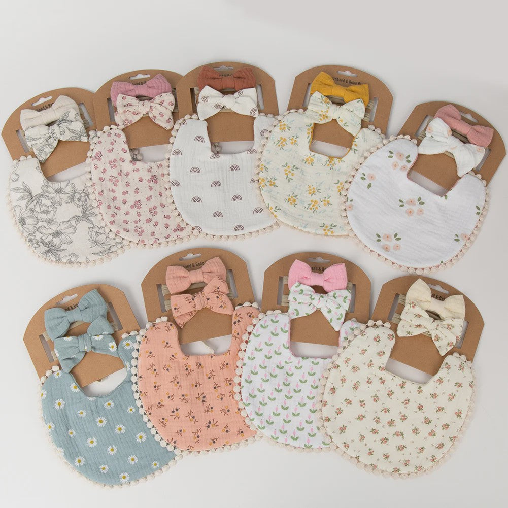 Babyset: 3x Babyluiers met Strik Haarbandjes - Bloemenprint & Pompons