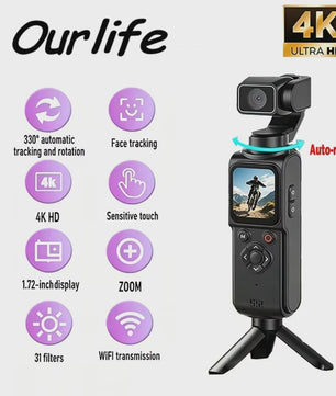 Ourlife 4K Pocket Action Camera met 330° Draaibare Lens, Touchscreen en Gezichtsherkenning - Ideaal voor Vlogs