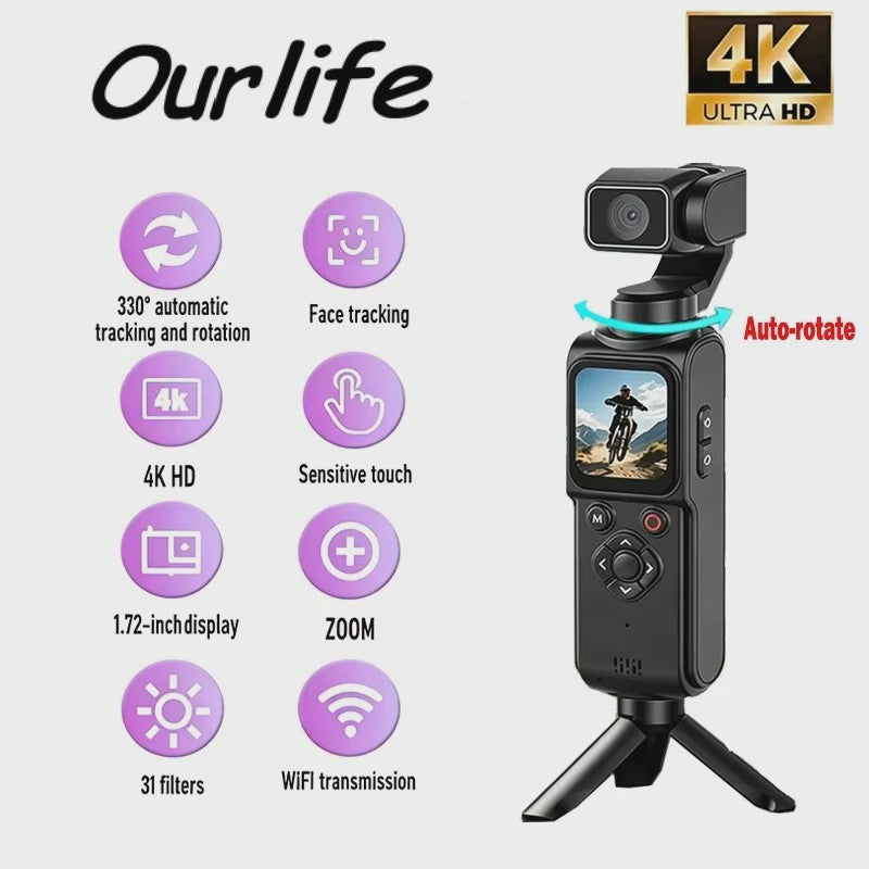 Ourlife 4K Pocket Action Camera met 330° Draaibare Lens, Touchscreen en Gezichtsherkenning - Ideaal voor Vlogs