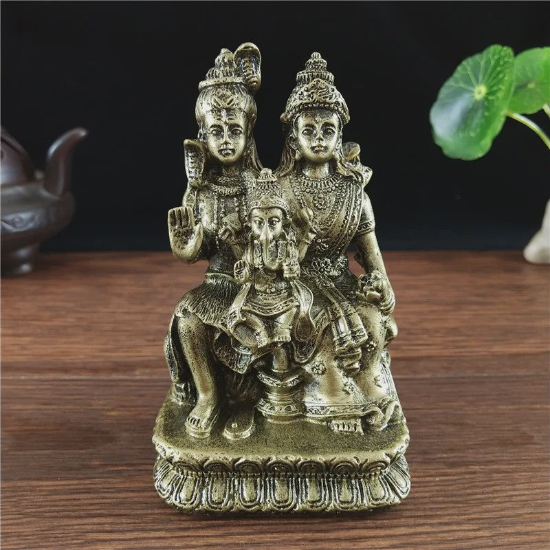 Bronzen Beeld Shiva, Parvati en Ganesha - Hindoeïstische Familie Feng Shui Decoratie