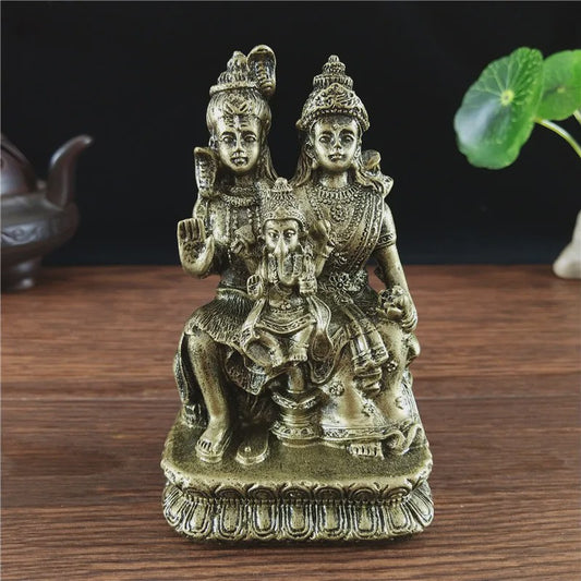 Bronzen Beeld Shiva, Parvati en Ganesha - Hindoeïstische Familie Feng Shui Decoratie