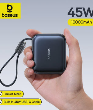 Baseus 45W Mini Powerbank 10000mAh met Ingebouwde USB-C Kabel - Compact & Snel Laden