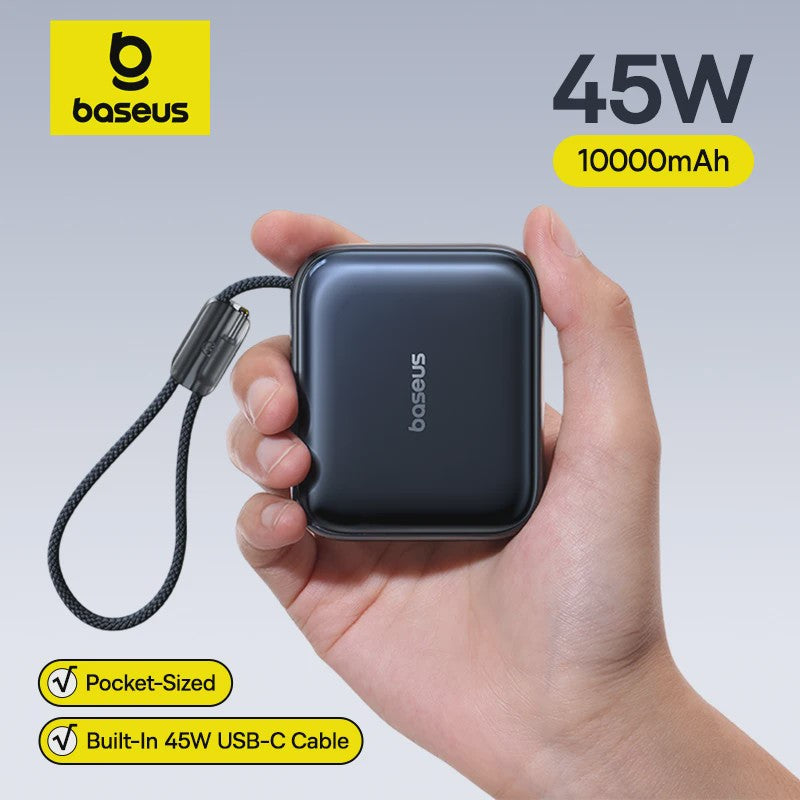 Baseus 45W Mini Powerbank 10000mAh met Ingebouwde USB-C Kabel - Compact & Snel Laden