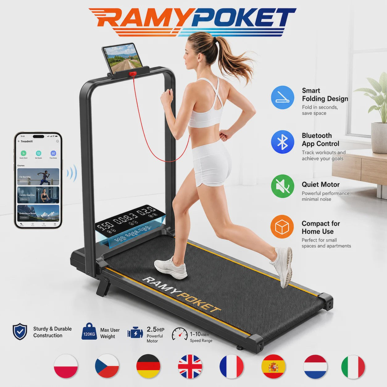 RAMYPOKET Opvouwbare Walking Pad Loopband met 9% helling, 2.5PK, 1-10 km/u, APP & LED, max 150kg