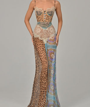 Maxi Jurk met Luipaardprint, Kant en Hoge Split - Elegante Avondjurk