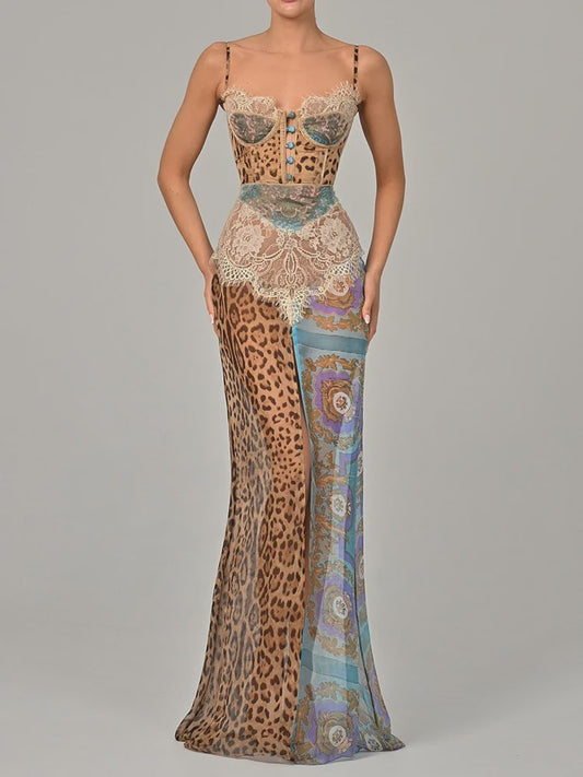 Maxi Jurk met Luipaardprint, Kant en Hoge Split - Elegante Avondjurk