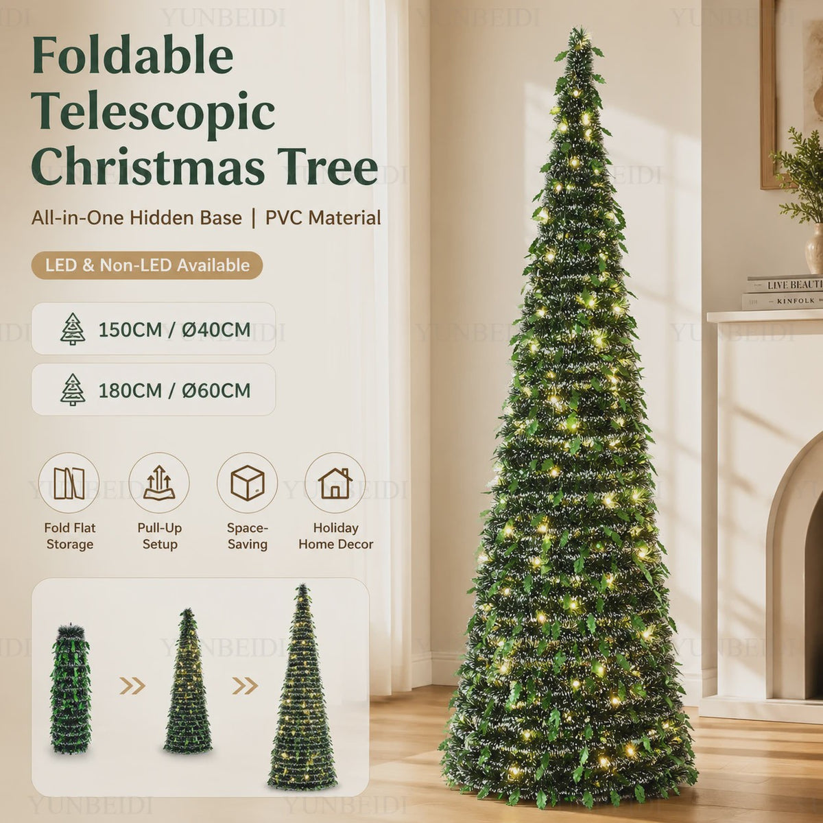 Opvouwbare Kunstkerstboom met LED-verlichting - 150cm of 180cm - Ruimtebesparend & Sfeervol
