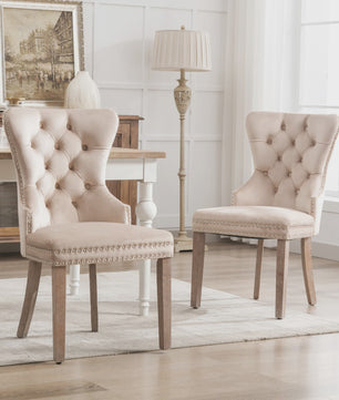Set van 2 Luxe Fluwelen Eetkamerstoelen met Knopen en Houten Poten