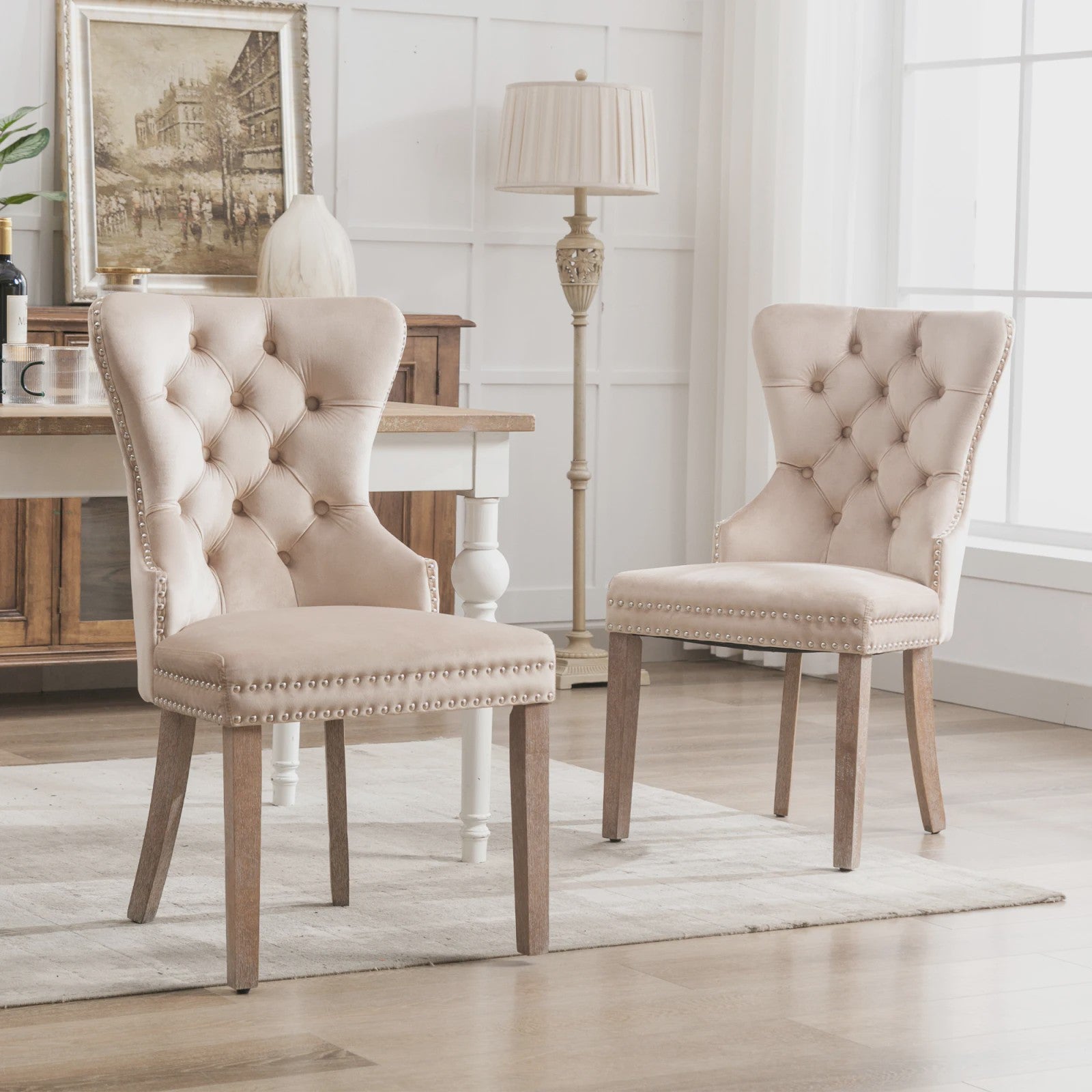 Set van 2 Luxe Fluwelen Eetkamerstoelen met Knopen en Houten Poten
