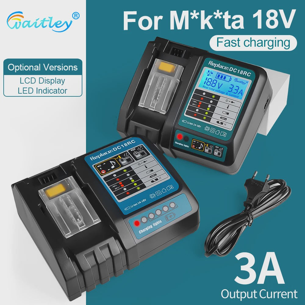 Waitley Snellader voor Makita 18V & 14.4V Accu's - Met Display, Koelventilator & EU Stekker