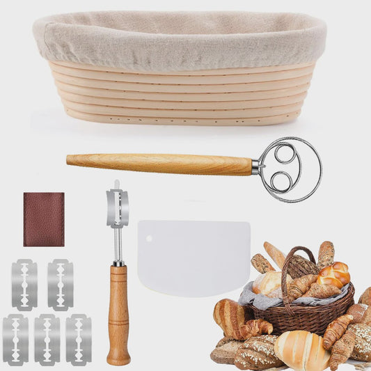 Brood Bakset: Banneton Oval 25cm met Broodmes, Deegklopper & Scraper