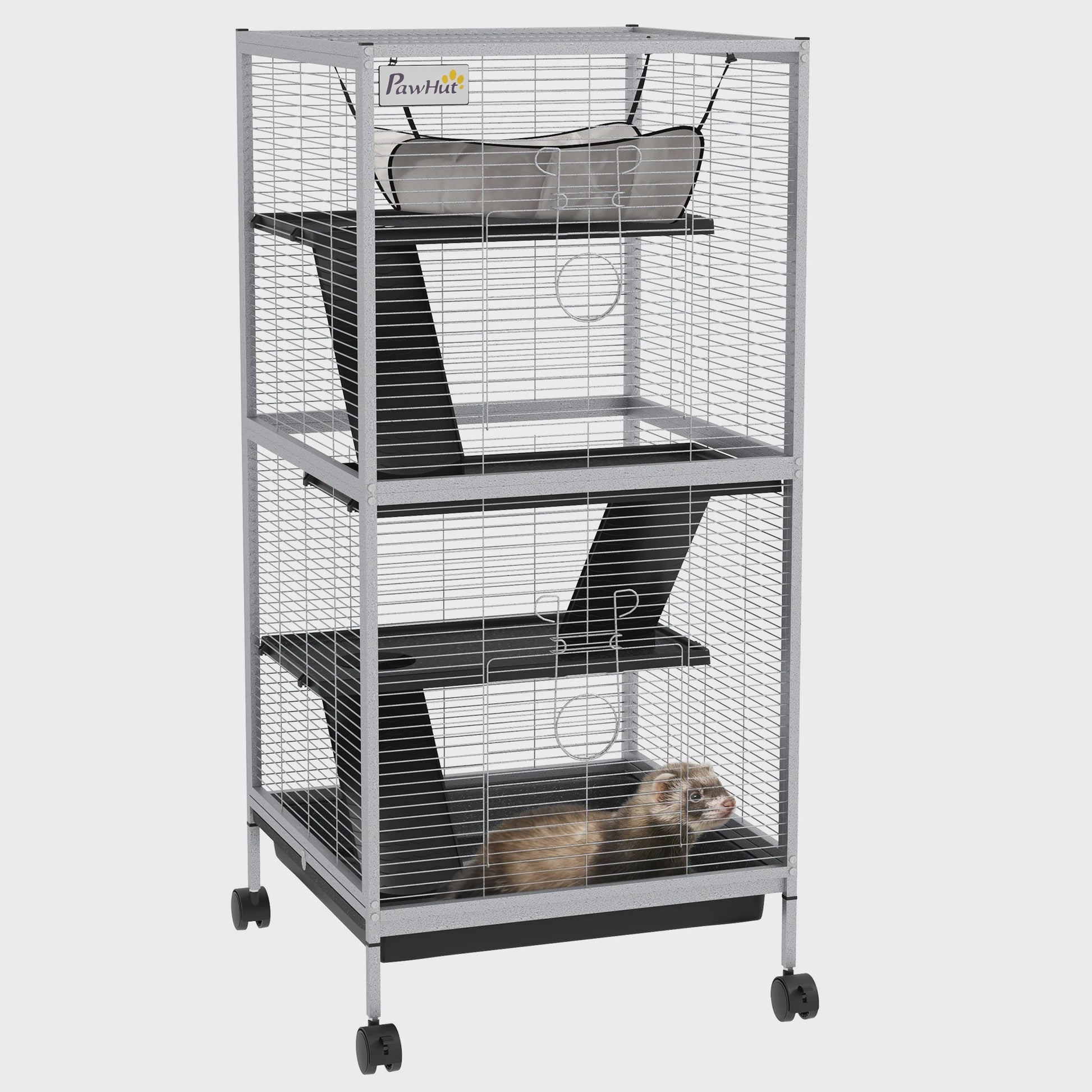 Pawhut 4-Laags Dierenkooi met Wielen en Hamac - Grijs