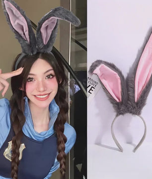 Pluche Konijnenoren Diadeem - Grijs met Roze - Feest & Cosplay Accessoire voor Dames