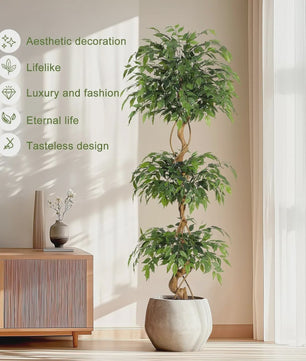 Kunst Ficus Boom met Gebogen Stam en Witte Pot - Realistische Zijde Plant voor Binnen & Buiten