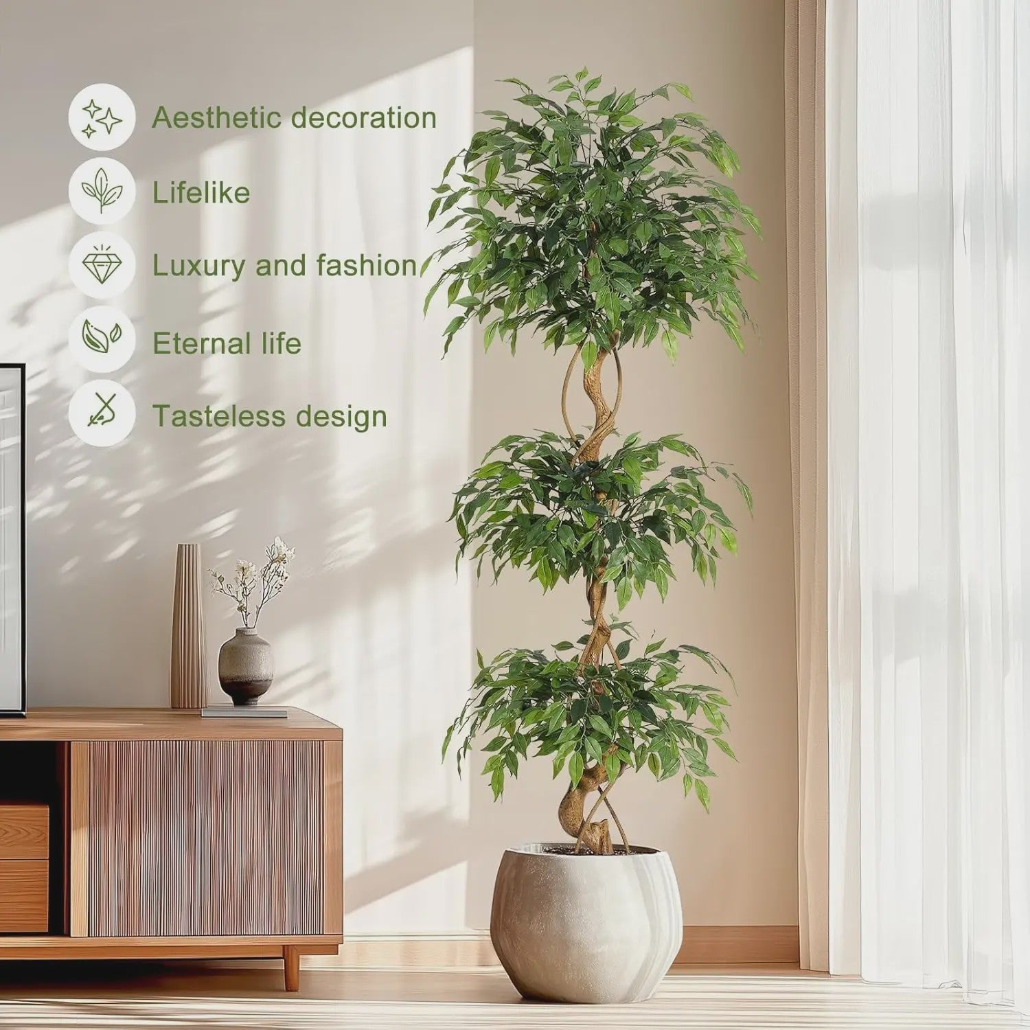 Kunst Ficus Boom met Gebogen Stam en Witte Pot - Realistische Zijde Plant voor Binnen & Buiten