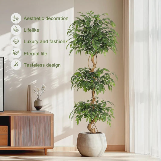 Kunst Ficus Boom met Gebogen Stam en Witte Pot - Realistische Zijde Plant voor Binnen & Buiten