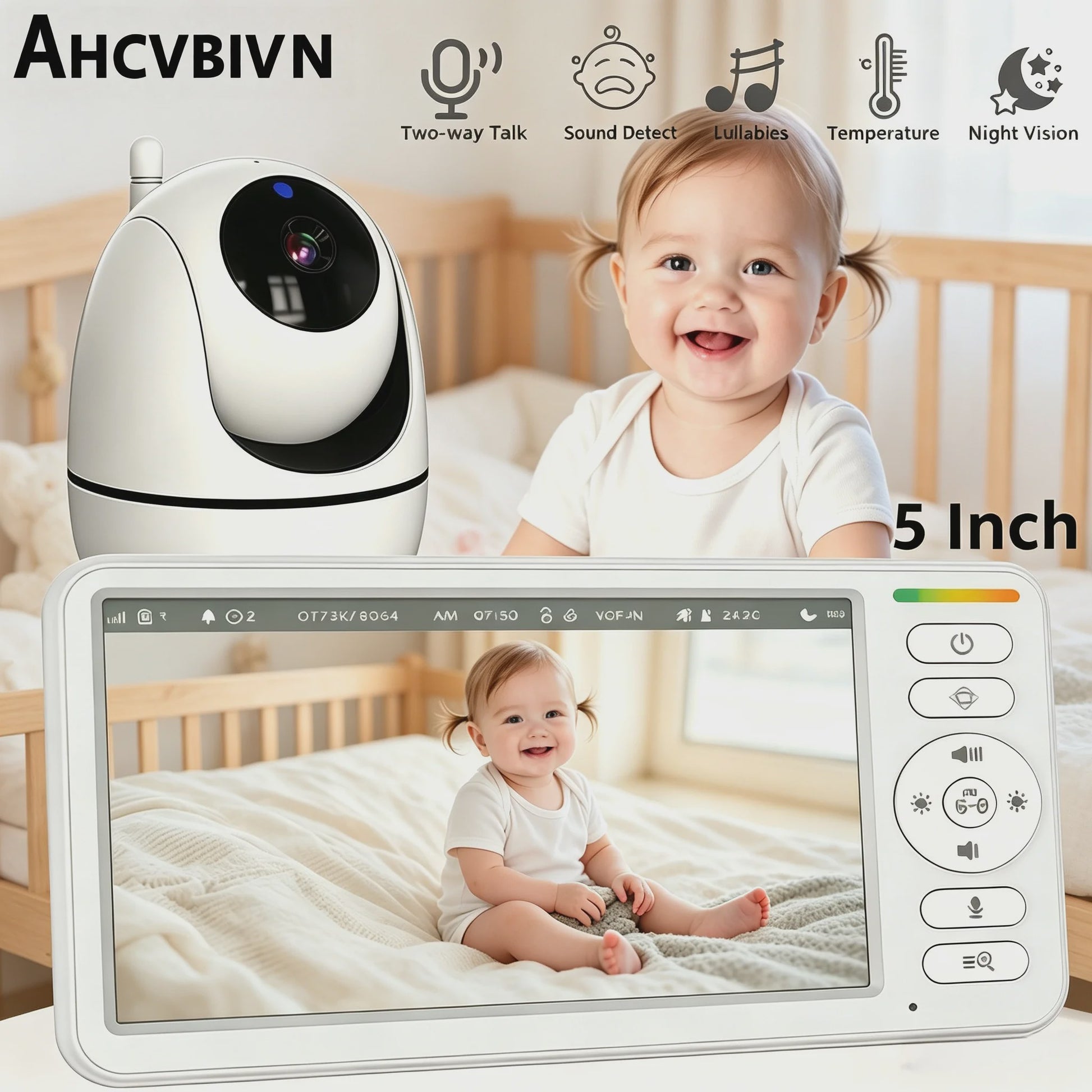 5 Inch Draadloze Babyfoon met PTZ Camera, Temperatuur, Nachtvisie & Tweeweg Audio