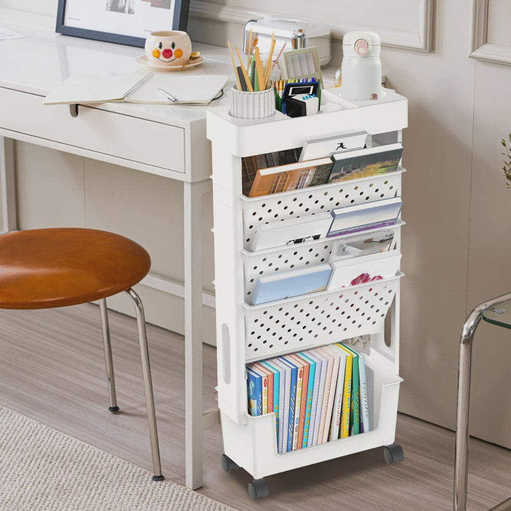 5-Laags Verrijdbare Opbergrek met Wielen - Grote Capaciteit Organizer voor Boeken & Documenten