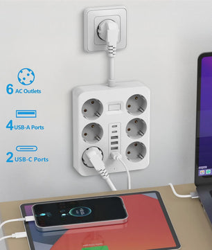 Universele Wandcontactdoos Verlengstuk met 6 AC, 4 USB-A & 2 USB-C Poorten