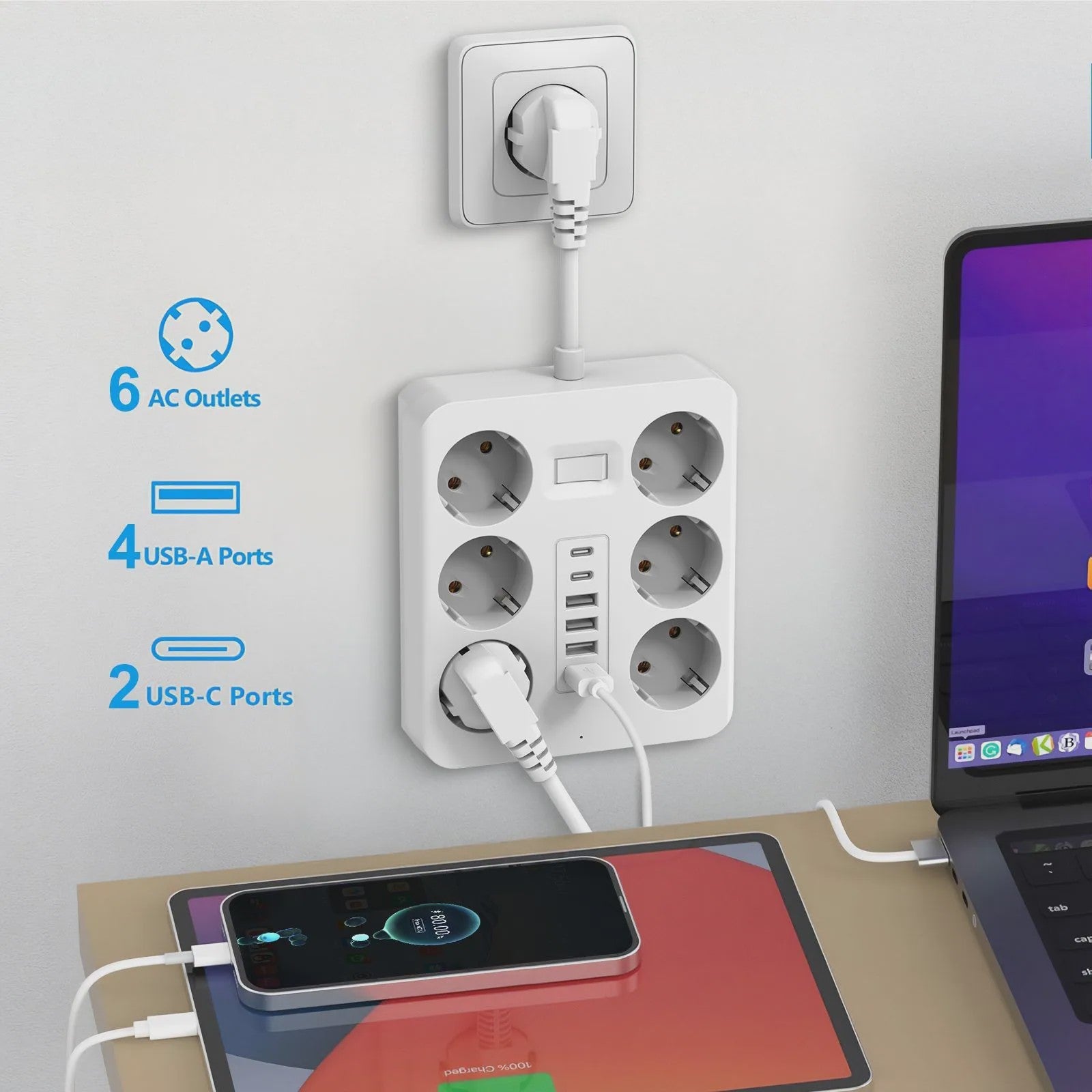 Universele Wandcontactdoos Verlengstuk met 6 AC, 4 USB-A & 2 USB-C Poorten