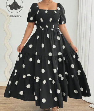 Zwarte Polka Dot Jurk met Pofmouwen en Vierkante Hals - Elegante Zomerjurk voor Dames