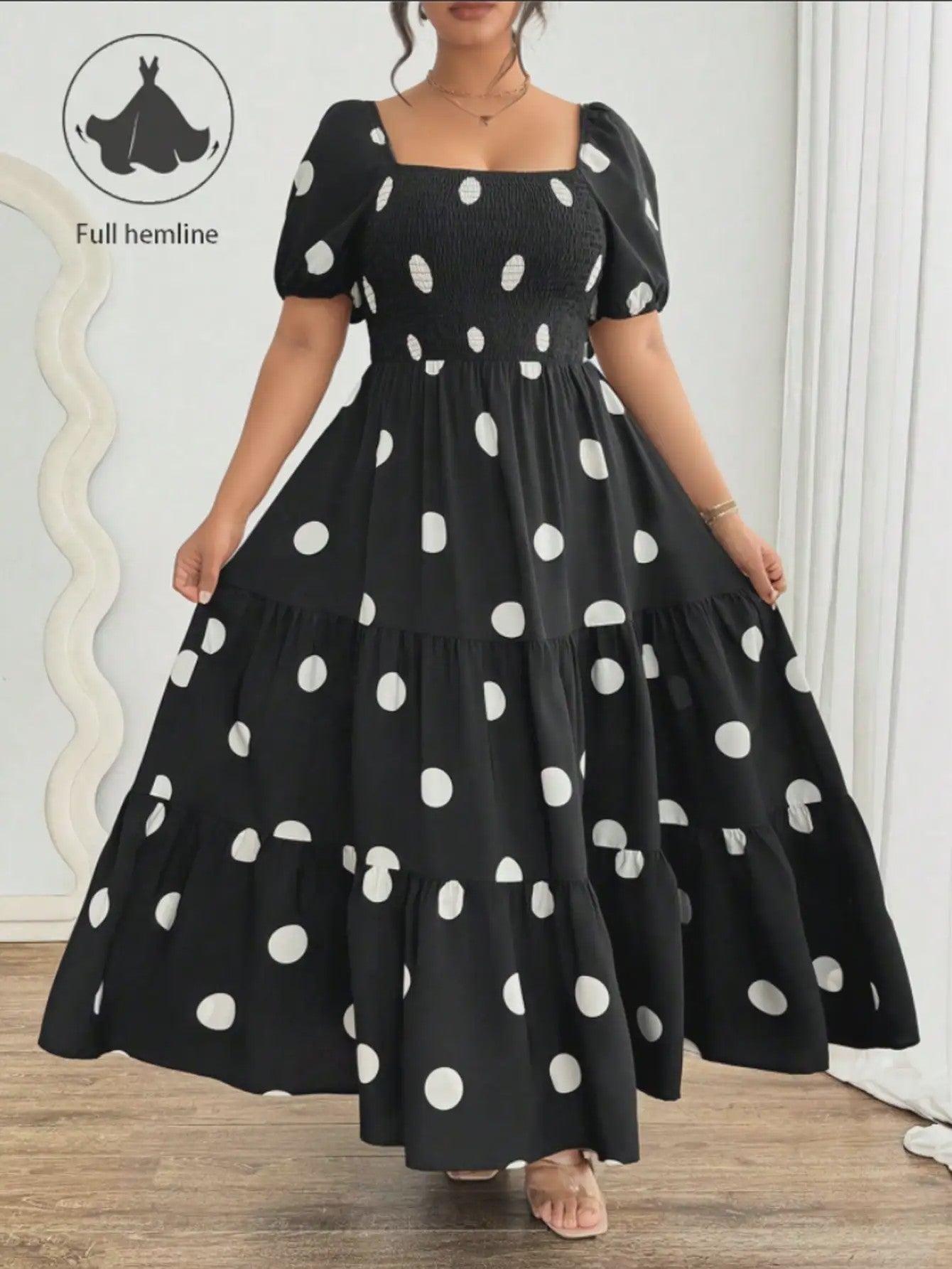 Zwarte Polka Dot Jurk met Pofmouwen en Vierkante Hals - Elegante Zomerjurk voor Dames