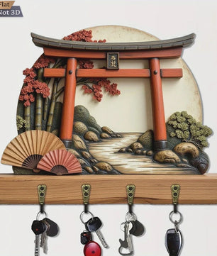 Japanse Torii Poort Sleutelhanger & Wandrek met 4 Haken - Decoratief Hout