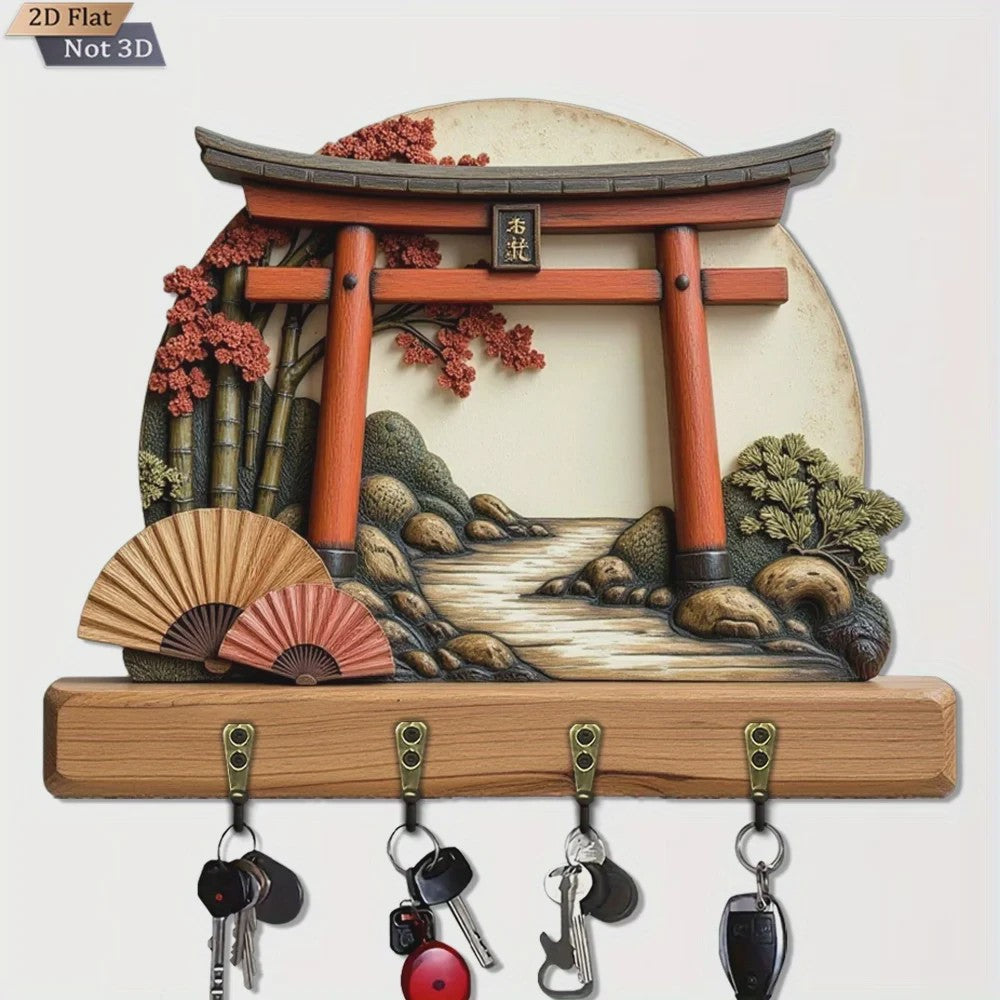 Japanse Torii Poort Sleutelhanger & Wandrek met 4 Haken - Decoratief Hout