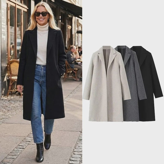 Lange Dames Trenchcoat met Open Steek en Vintage V-hals