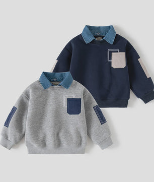 Warme Kinder Sweater met Denim Kraag en Patch Pocket - Herfst/Winter Collectie