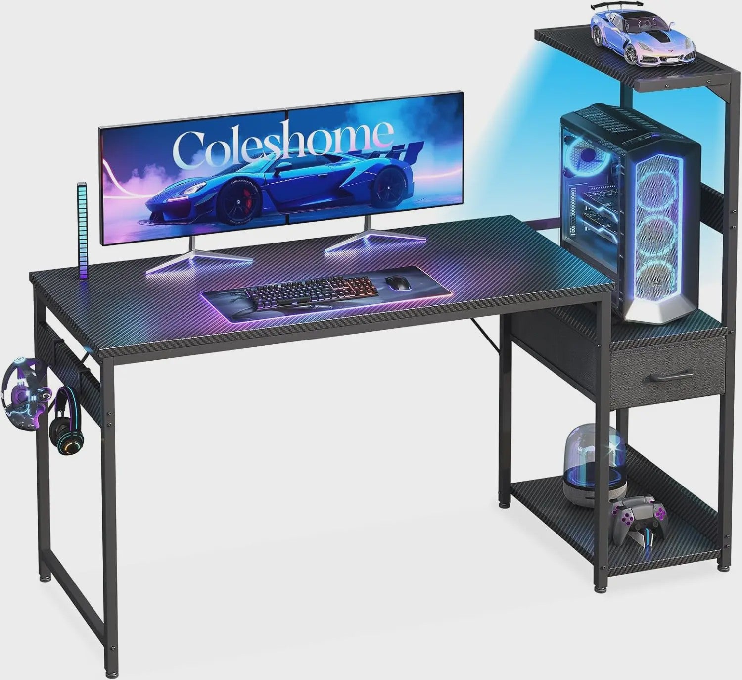 Coleshome Gaming Bureau met LED Verlichting - 138x48cm - Inclusief Lade & Opbergvak