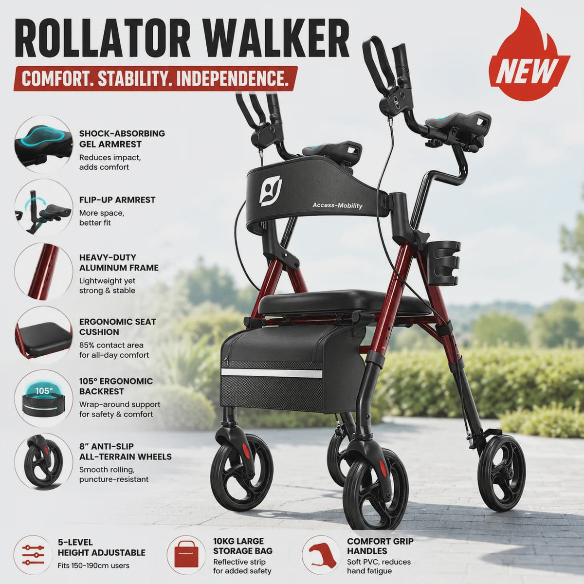 Staande Rollator Walker met PU Zadel en Rugleuning - Opvouwbaar voor Senioren