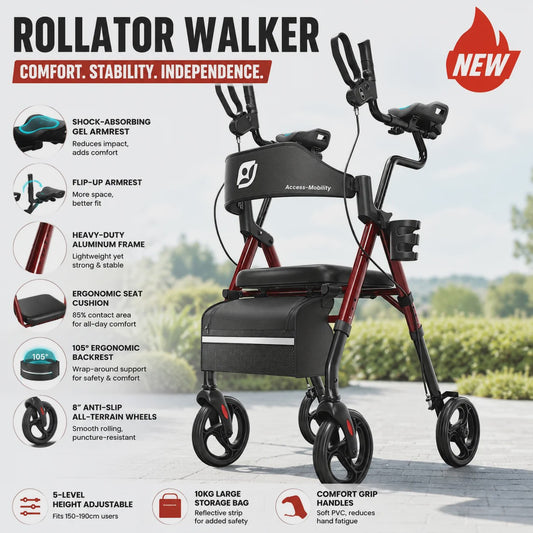 Staande Rollator Walker met PU Zadel en Rugleuning - Opvouwbaar voor Senioren