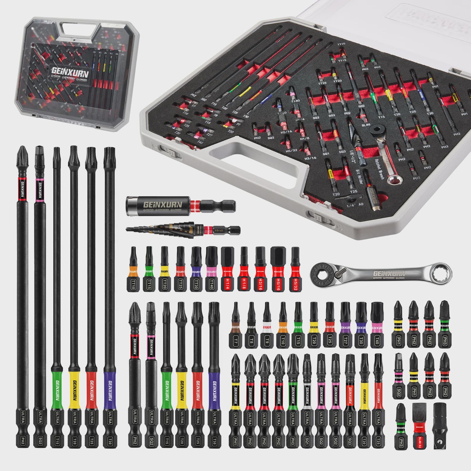 Geinxurn 58-delige Gereedschapset: Impact Schroefbits, Mini Ratel, Stapelboor & Bit Houder