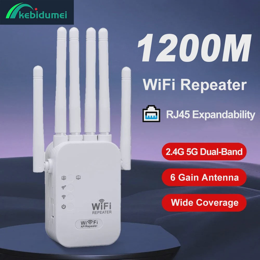 1200Mbps Dual-Band WiFi Repeater Extender - 5G/2.4G Signaal Booster met 6 Antennes
